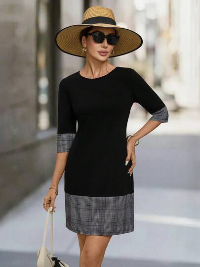 Editum 女士黑色PU拼接针织直筒连衣裙，适合日常通勤，百搭黑色连衣裙