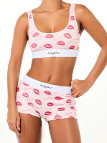 BABYPHAT Conjunto de sujetador tipo bralette y pantalón corto con estampado de labios. Ropa interior a juego de dos piezas con diseño de besos lindos para el Día de San Valentín en color rosa y blanco. - Rosa - Ver 1