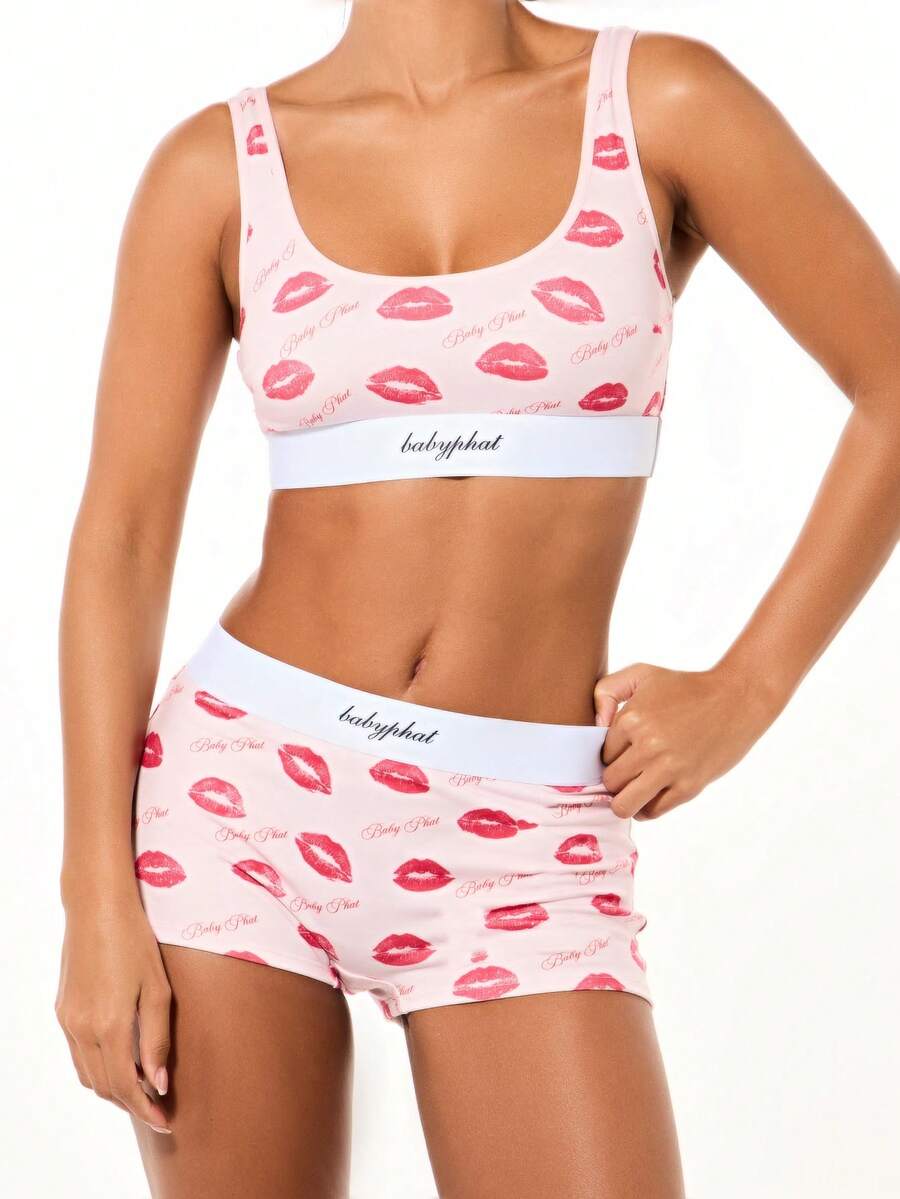 BABYPHAT Conjunto de sujetador tipo bralette y pantalón corto con estampado de labios. Ropa interior a juego de dos piezas con diseño de besos lindos para el Día de San Valentín en color rosa y blanco. - Rosa - Ver 1