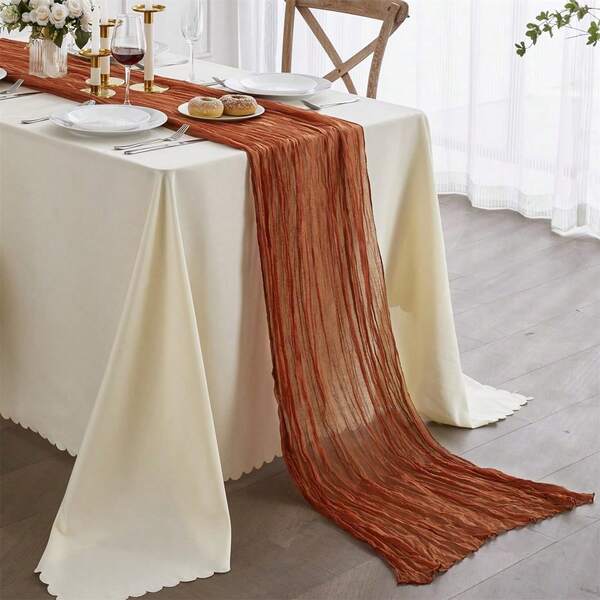 Bohemian Rust Red Cheesecloth Table Runner, Sheer Transparent Lace Table Scarf For Wedding, Bridal Shower, Birthday Party, And Dining Table Decor