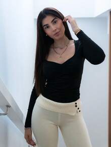 Hitanina 女款心形领长袖修身 T 恤，秋季 - 黑色 - 查看 5