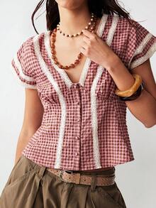 Bohemela 休闲格纹V领纽扣蕾丝边拼接女式短袖衬衫，春夏度假休闲夏季上衣，粉色衬衫/粉色上衣 - 彩色 - 查看 3