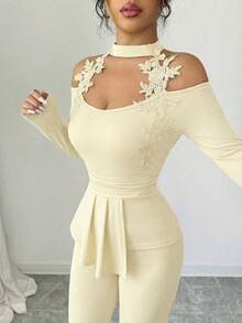 Elenzga Elegant Apricot Women Fall Winter 2-Piece Set,Floral Trim Halter Asymmetric Hem Long Sleeve Top & Flare Pants  Dining Party Banquet Office Date Night - Beige - View 5