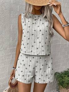 EMERY ROSE Conjunto informal de verano de dos piezas con estampado tejido para mujer - Gris - Ver 5