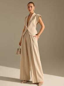 CLARA VERO Beige Sleeveless Blazer And Wide Leg Pants Set: Relaxed Tailored Fit, Perfect For Office Days Or Smart Casual Outings, Made From Soft Non-Elastic Polyester Fabric Featuring Single Covered Button Closure Pant Suit Women Pantsuit For Women Elegant Pant Suit Sleeveless Pant Suit Pant Suits For Woman - Beige - View 5