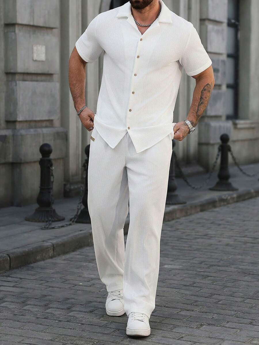 Manfinity Homme 男士纯色插肩短袖两件套，男士休闲西装，男士两件套，适合日常休闲穿着、周末旅行、户外活动、轻松的工作环境或半正式场合，也是送给男友/丈夫、周年纪念日的理想礼物。 - 白色 - 查看 1