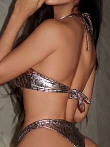 SHEIN Swim Conjunto de bikini halter sexy con hebilla de resina en forma de S y decoración de piel de serpiente para mujer - Multicolor - Ver 5