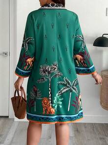 EMERY ROSE 大码女装春夏动物花卉印花短袖衬衫领休闲中长连衣裙 - 軍綠色 - 查看 2