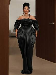 Maweii 大码女士优雅性感派对礼服，高端褶皱单肩修身无肩带塔夫绸茧型香槟色派对礼服，优雅派对礼服 - 黑色 - 查看 5