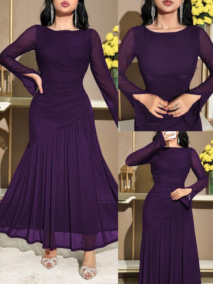 Feyla Đầm dài tay màu trơn, xếp ly, dáng đuôi cá, thanh lịch dành cho nữ - Màu tím - Xem 1