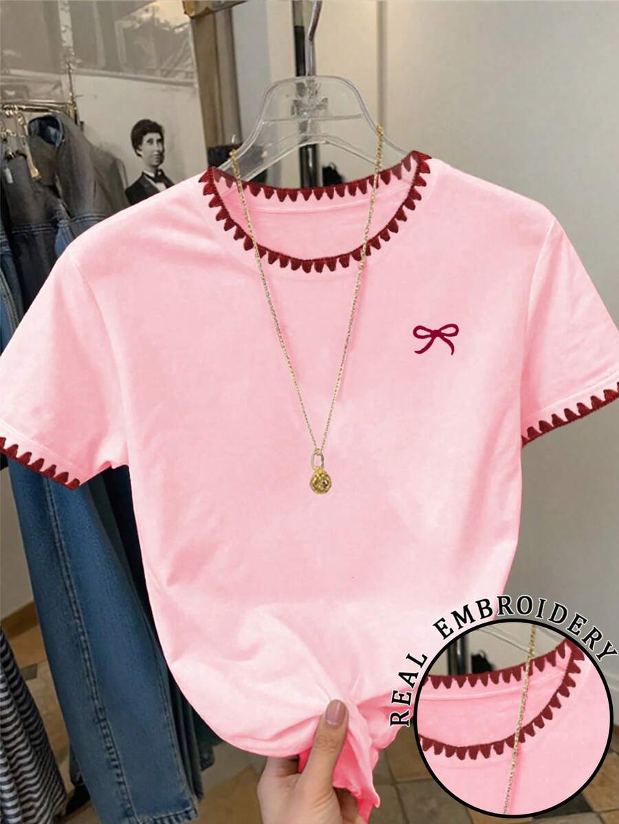 Resyla Women's Casual Everyday Commute Embroidery Trim Bow Pattern Short Sleeve T-Shirt, Summer - Pink - View 1