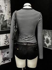 Rina Fox Women's Black And White Striped V-Neck Long Sleeve T-Shirt - Black and White - View 2