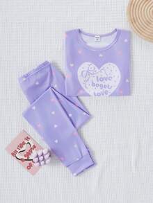 Conjunto de pijama informal y lindo para niñas con top de manga corta con estampado de corazón y leggings - Azul - Ver 5