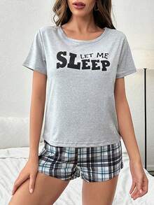 SHEIN 2件套少女夏季休闲舒适字母图案T恤和格子短裤睡衣套装，母女亲子装（2套单独出售）