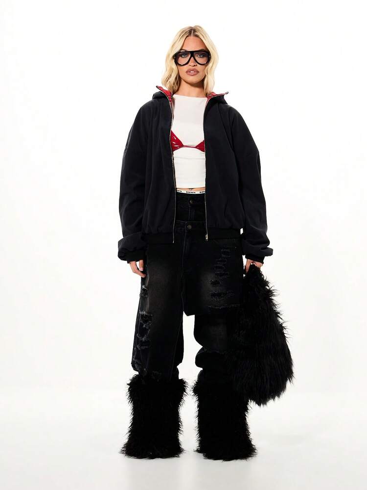 SUMWON WOMEN Oversized Hooded Zip Jacket With Plaid Lining