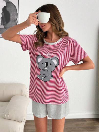 EURMUSE Women Cotton 2 Pcs Contrast Colour Binding With Cartoon Koala Pattern Striped Short Sleeved Shirt&Solid Colour Shorts Homewear Comfort Pajama Set Sleepwear For Women Short Set Cute Pajamas Set Summer Sleepwear Sets Women Pajama Sets Short Cute Sleep Wear