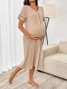 SHEIN Maternity Casual Button-Up Short Sleeve Dress Loungewear Pajama Dress Robe Sleepwear Set  - Apricot - View 4
