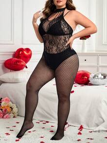 SHEIN CURVE+ CURVE PLUS /Valentine's Day/Sexy Fishnet Seamless Lingerie, Black, Crotchless - Black - View 4