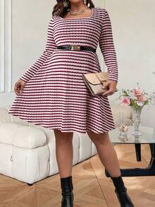 Vionelle Đầm dài tay dệt kim kiểu Pháp thanh lịch, cỡ lớn dành cho nữ, thích hợp cho mùa Thu/Đông. - Đỏ và trắng - Xem 4
