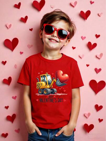 SHEIN 男童休闲时尚创意个性清新简约可爱闪电标语印花短袖T恤，舒适日常穿着，温暖的夏秋款式，适合春、夏、秋季穿着。