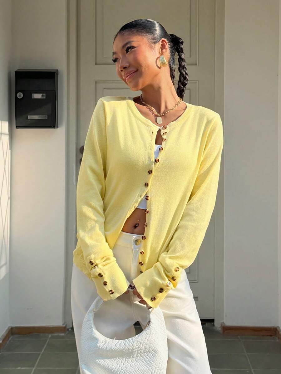 Muchica 女士休闲通勤黄色针织开衫 - 淡黃色 - 查看 1