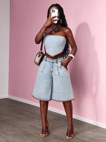 Slaydiva Quần short Bermuda nữ dáng rộng, phối màu tương phản, túi xéo, chất liệu denim. - Màu xanh lam - Xem 5