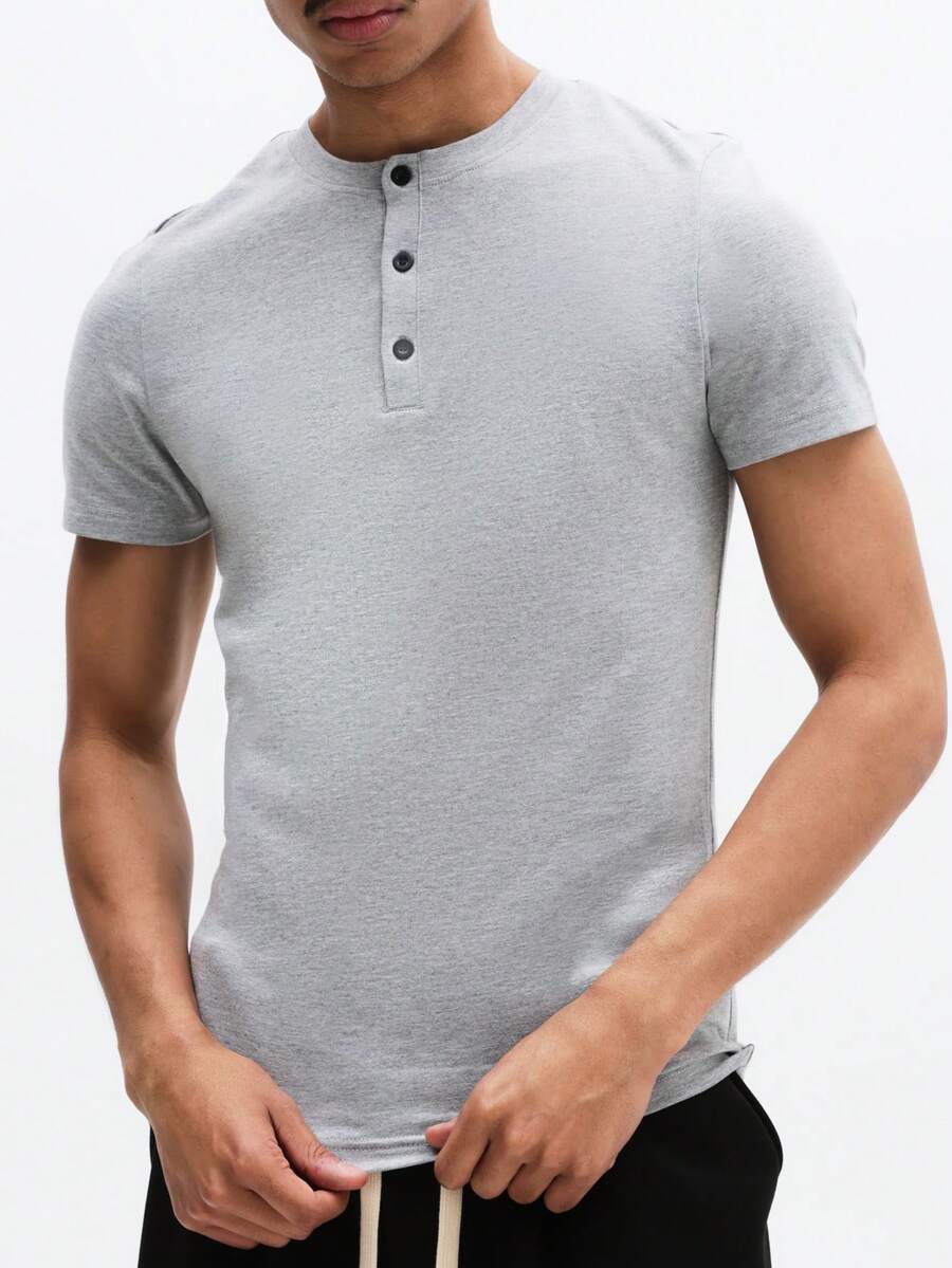 SUMWON Tricou bărbătesc esențial, cu mânecă scurtă, cu nasturi, stil casual, din amestec de bumbac, croială regulată, confortabil, primăvară-vară, clasic, esențial pentru garderobă - Gri - Vizualizare 1