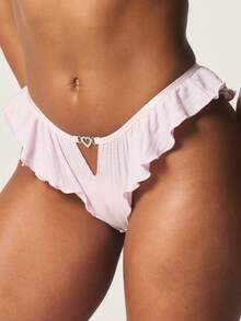 MISSGUIDED Ribbed Heart Charm Detail Ruffle Trim Brief Underwear With Decorative Cutout And Feminine Touch - Mauve Purple - View 2