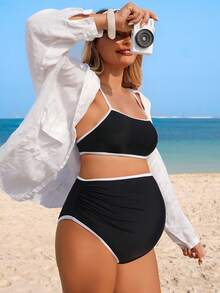 SHEIN Maternity Colorblock Fashionable Casual Bikini Set - Black - View 3