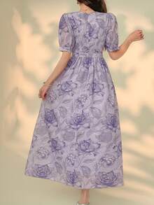 DAZY Women's Floral Print Round Neck Puff Sleeve Elegant Mid-Length Dress - Mauve Purple - View 4