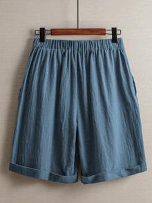 EMERY ROSE Quần short vải lanh trơn màu, cạp chun, thoải mái, thoáng khí dành cho nữ, dáng nhỏ nhắn. - Màu xanh bụi bặm - Xem 2