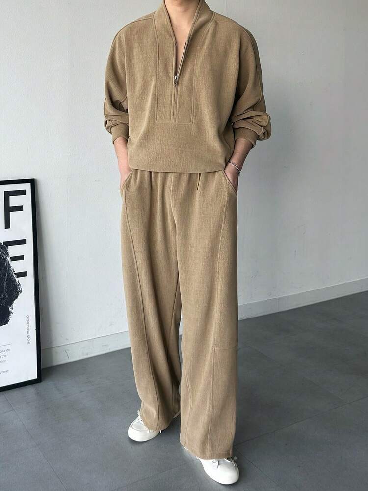 Men's Casual Everyday Commute Simple Solid Color Half-Zip Sweatshirt And Sweatpants Set, Spring/Autumn