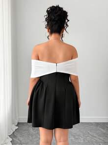 Elenzga Plus Size Women's Elegant Black And White Summer Cocktail Off-Shoulder Bow Tie Neck Mini Dress,Curve A-Line Ruffle Hem Waist Cinching Dress - Black and White - View 2