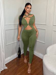 SHEIN SXY Blue Hollow-Out Sexy Bodycon Jumpsuit, Spring/Summer - Army Green - View 5