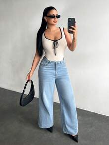 SHEIN SXY Women's Contrast Trim Sleeveless Bodysuit,Rave Outfit ,Summer, Spring,Beach,Going Out,Y2K - Multicolor - View 3