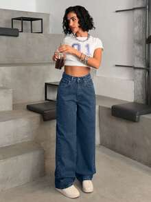 EURMUSE HIGH WAIST CASUAL STYLE DENIM STRAIGHT - Dusty Blue - View 5