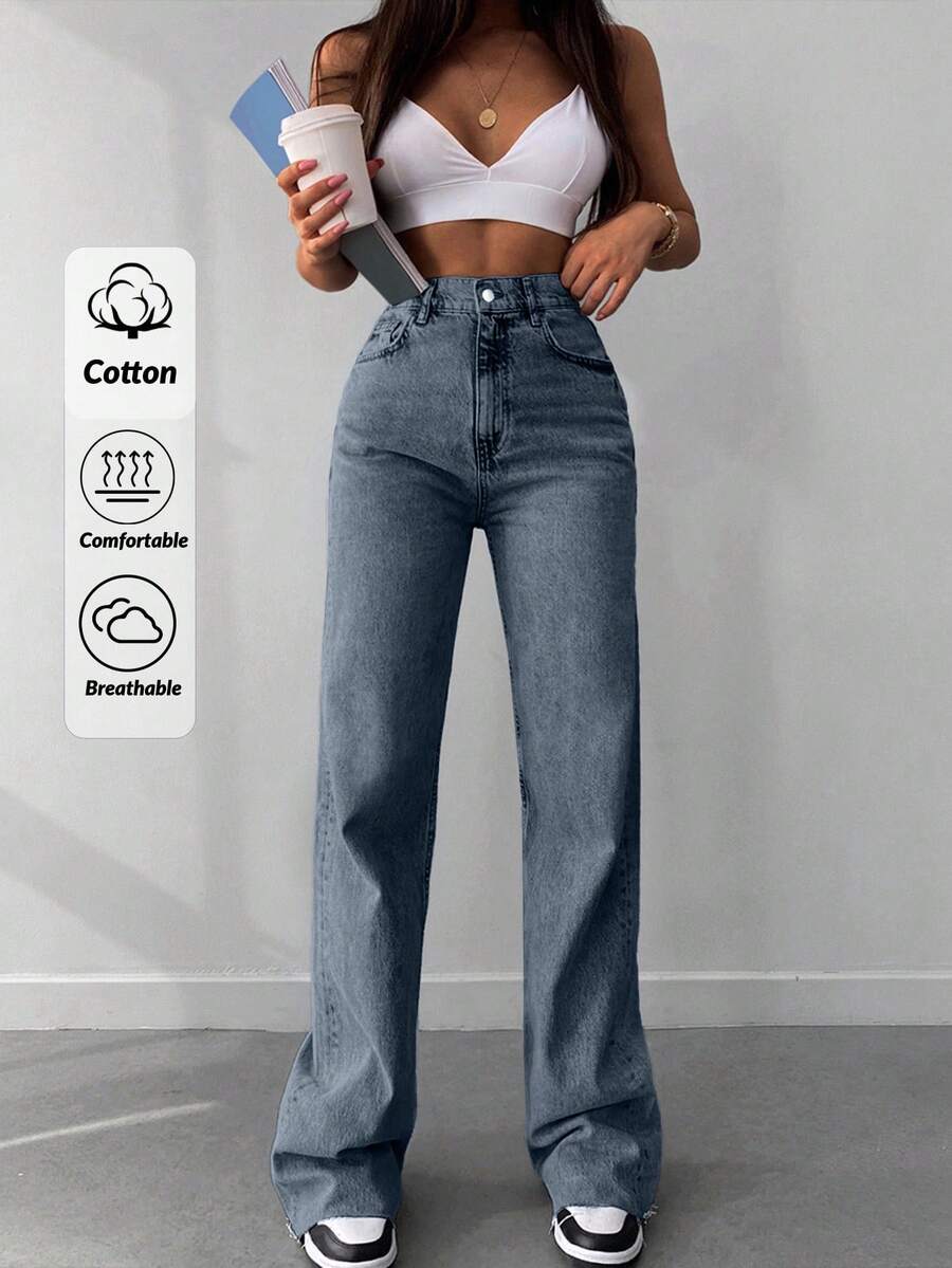 EURMUSE Tall High Waist Raw Hem Wideleg Jean - Light Wash - View 1