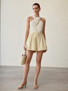 MOTF PREMIUM WOMEN'S APRICOT SLEEVELESS CRISS-CROSS HALTER NECK ELEGANT TOP - Apricot - View 4