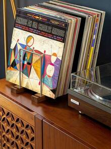 1pc Walnut Wood Vinyl Record Rack, Iron And Wood Combination Storage Rack, Desktop Record Storage And Display Rack, Small And Simple Standing Type - Multicolor - View 6