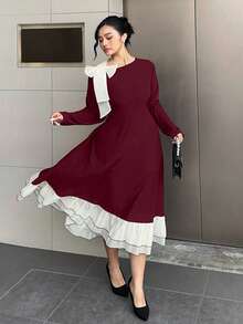 Dazy Plus 大码优雅蝴蝶结系带肩部拼接荷叶边修身派对长裙，黑色，春秋季吊带裙 - 酒紅色 - 查看 3