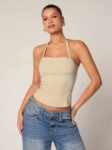 SHEIN PETITE 女士优雅性感露背系带短款吊带背心 - 杏色 - 查看 6