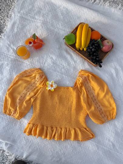 Vibekara Plus Size Fashion Versatile Square Neck Short Sleeve Lace Patchwork Cinched Waist Blouse