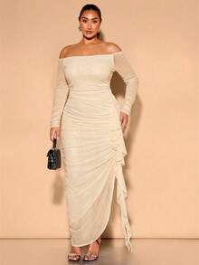 SHEIN BAE Gaun Pesta Maxi Bodycon Berkerut Tanpa Bahu Ukuran Plus Elegan untuk Wanita, Gaun Formal Tamu Pernikahan Warna Hijau Krem Berkerut Warna Beige Musim Gugur yang Elegan - Aprikot - View 1