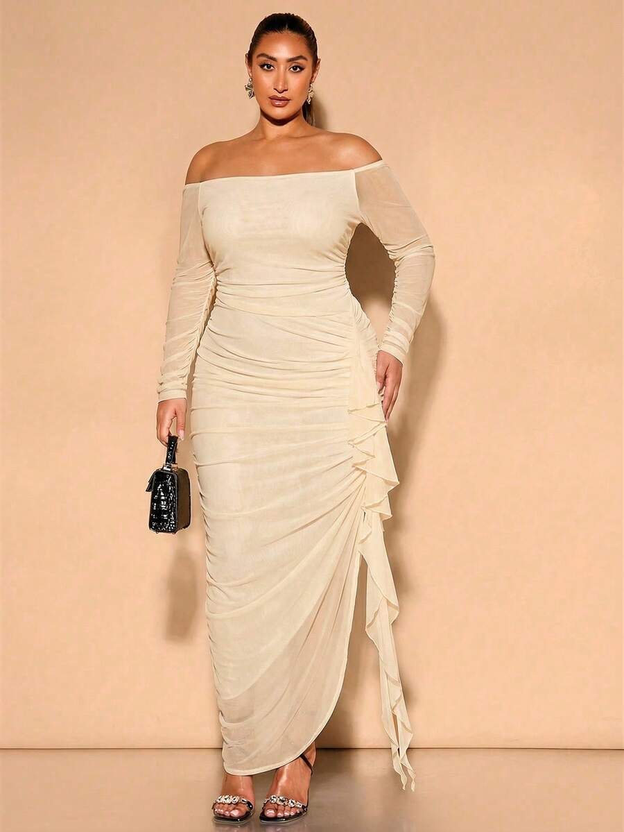 SHEIN BAE Gaun Pesta Maxi Bodycon Berkerut Tanpa Bahu Ukuran Plus Elegan untuk Wanita, Gaun Formal Tamu Pernikahan Warna Hijau Krem Berkerut Warna Beige Musim Gugur yang Elegan - Aprikot - View 1