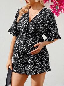SHEIN 孕妇度假打结短袖休闲碎花连体裤 - 黑與白 - 查看 1