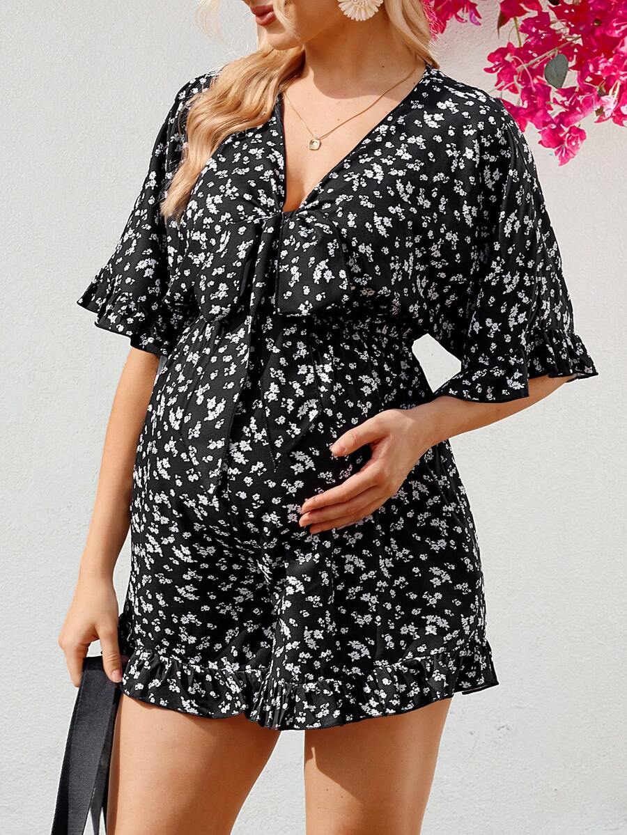 SHEIN 孕妇度假打结短袖休闲碎花连体裤 - 黑與白 - 查看 1