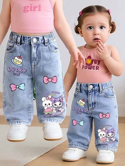 Baby Girl Denim Jeans, Cute Style, New Arrival, All Season, Fashion Minimalist Versatile, Suitable For Various Styles, Adorable Cartoon Print, Casual Retro Medium Wash Blue, Cute Toddler Jeans