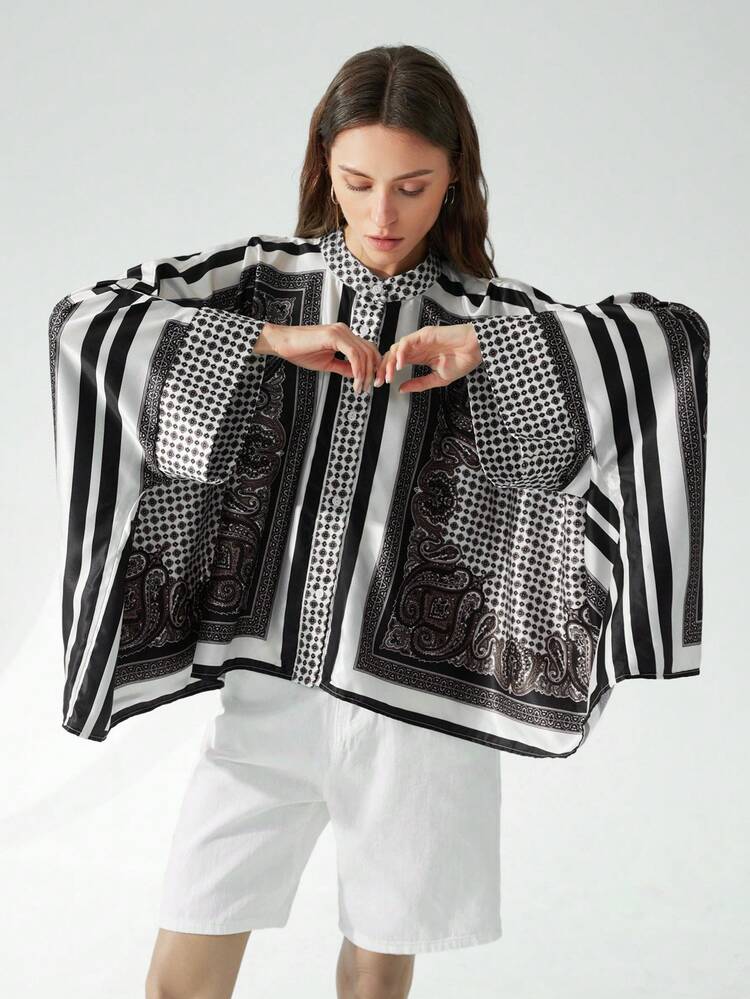 Aveloria Modichic 通勤复古撞色定位印花设计长袖宽松女式衬衫，带围巾下摆，营造度假氛围 - 彩色 - 查看 2