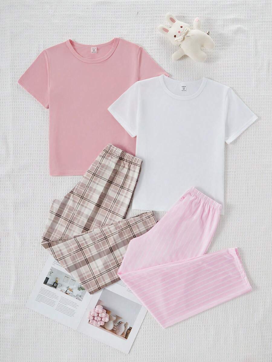 4pcs/Set Girls Casual Striped, Plaid & Graphic Print Short Sleeve Top And Pants Pajama Set - Multicolor - View 1