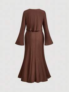 SHEIN MOD 2 件套大码女式咖啡棕色开衫和中长连衣裙